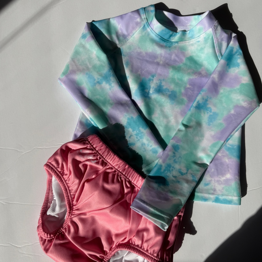 Kids Swim Set TieDye and Pink Swim Diaper Speedo and long sleeve shirt. Toddler